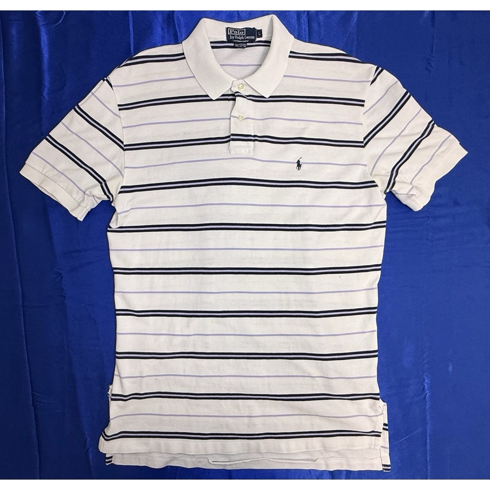 Polo by Ralph Lauren Men's Large Polo Shirt Short Sleeve White Purple Stripes